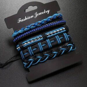 Men's Genuine Leather Blue & Black Bracelet Set
